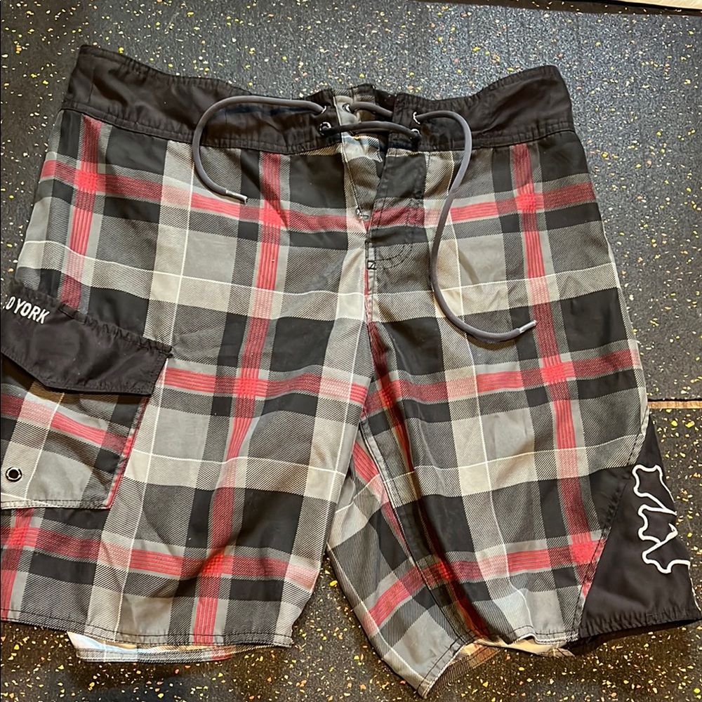 Zooyork Plaid Swim Trunks with Black and Red Accents